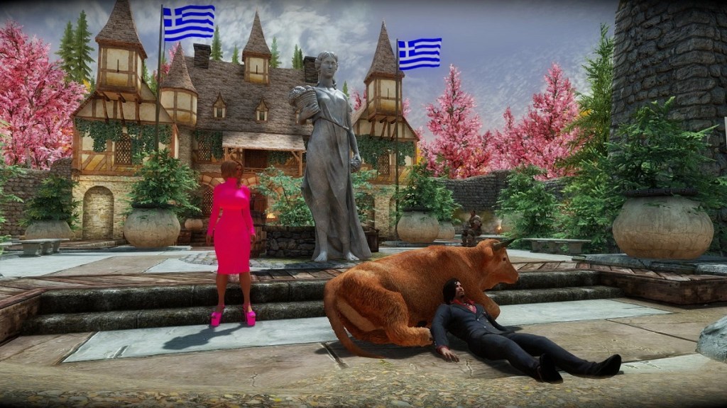 Skyrim: a character rests against a cow as a woman in a pink dress stands close by.