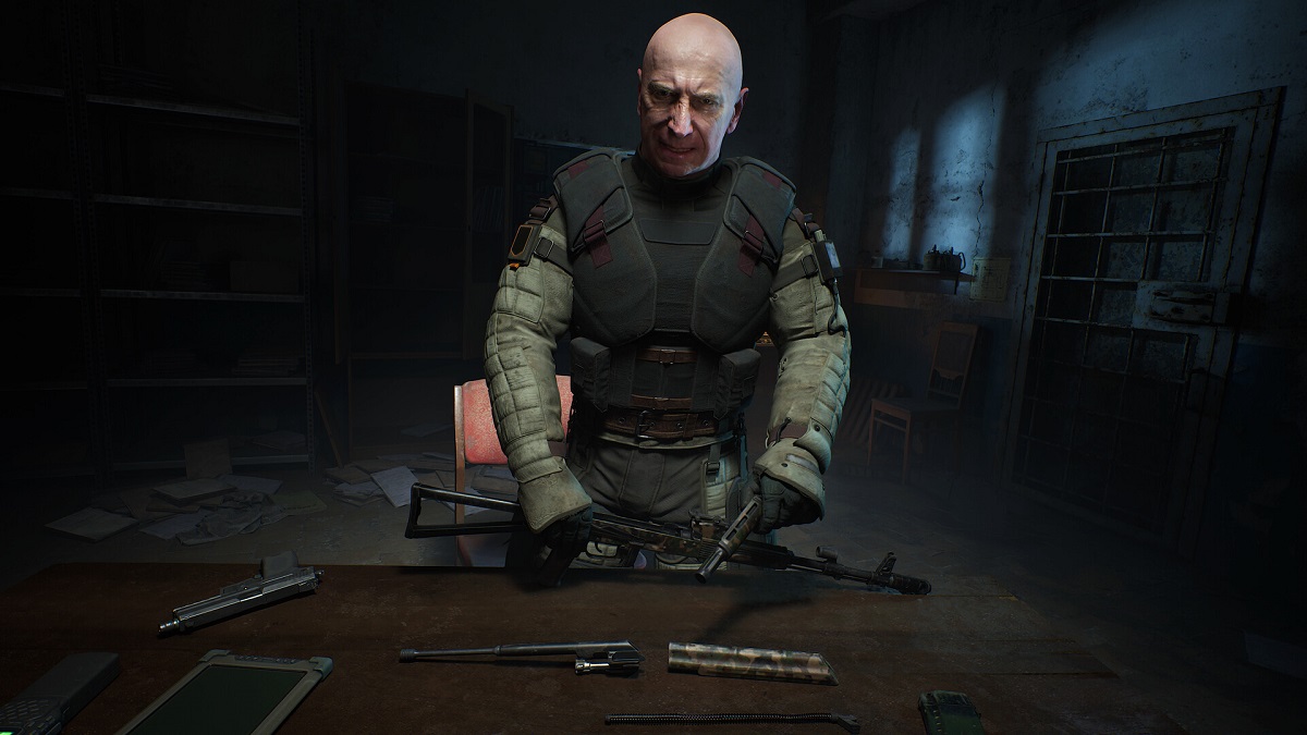 STALKER 2: a bald man stands behind a desk that contains a number of guns.