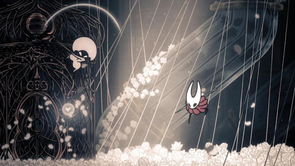 A screenshot of Hollow Knight: Silksong featuring a boss fight