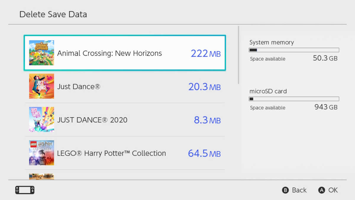 Deleting save data for Animal Crossing: New Horizons on Switch