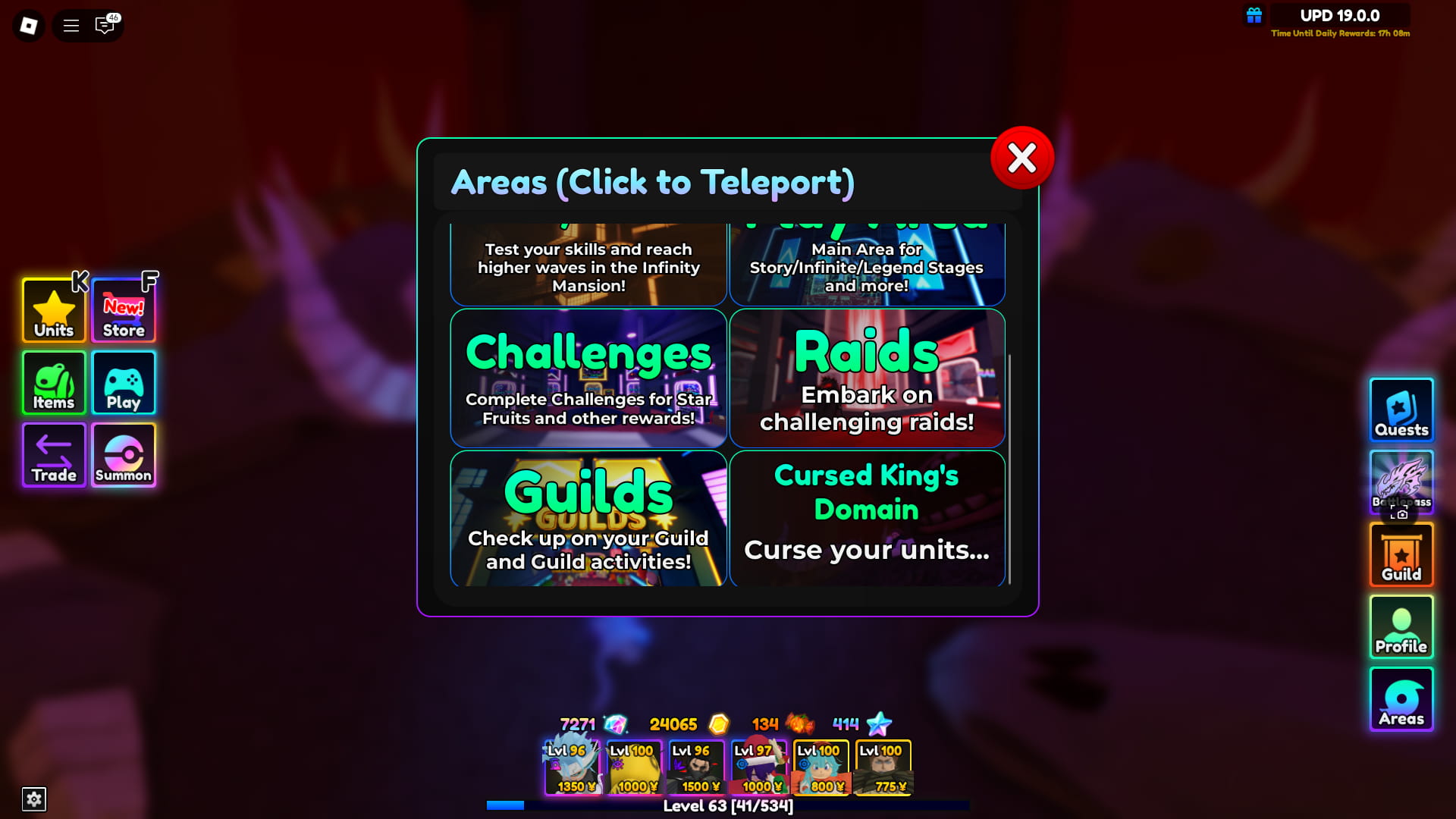 Preview of the Areas menu in Anime Adventures