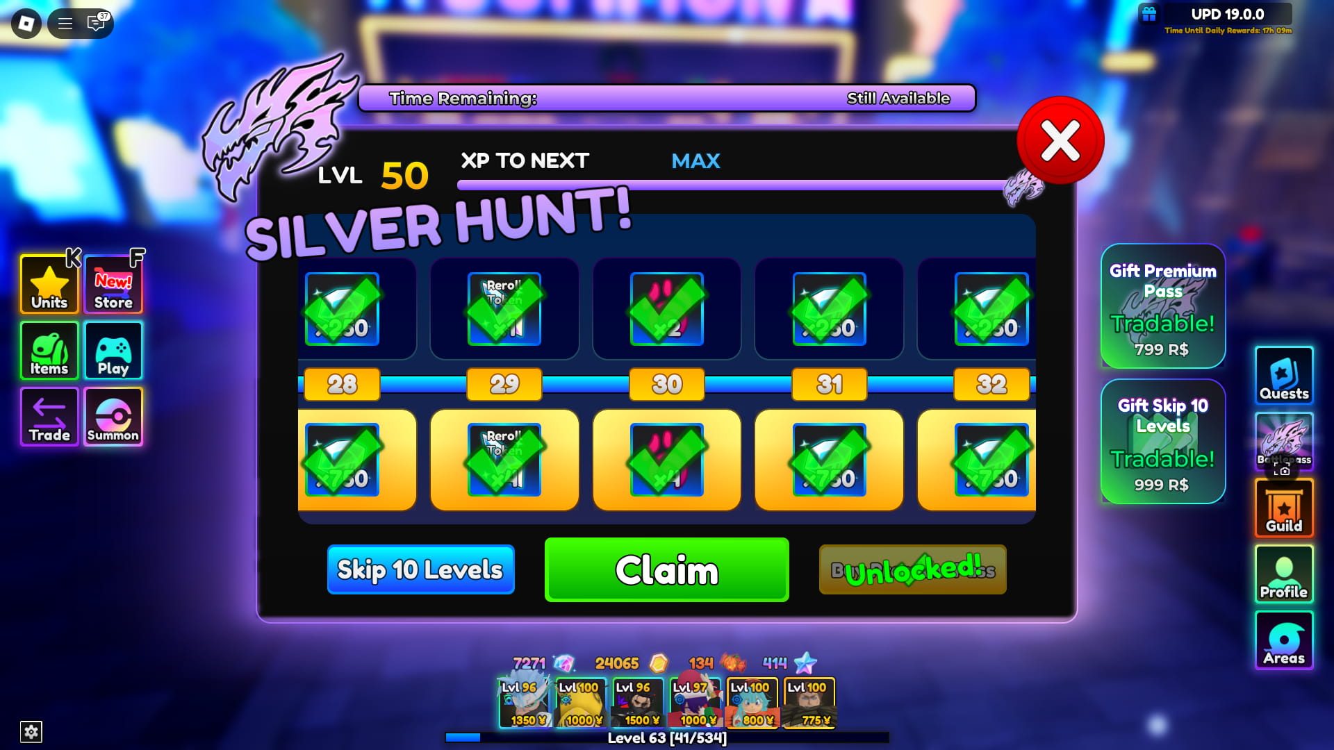 Preview of Battlepass rewards in Anime Adventures which reward Cursed Tokens as well