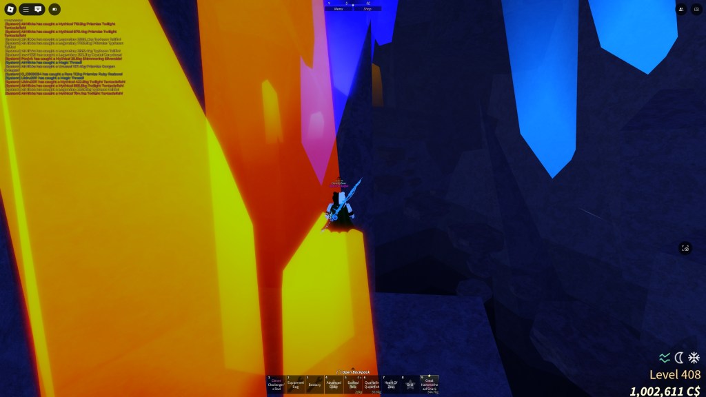 A Fisch player is standing on an orange crystal