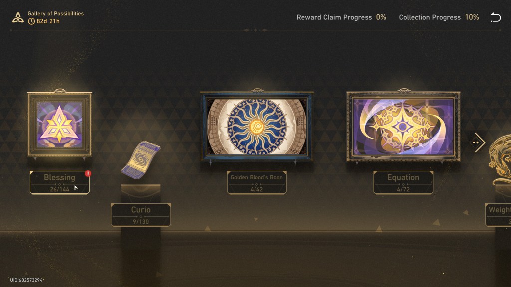 Gallery of Possibility menu for Divergent Universe Protean Hero in Honkai Star Rail