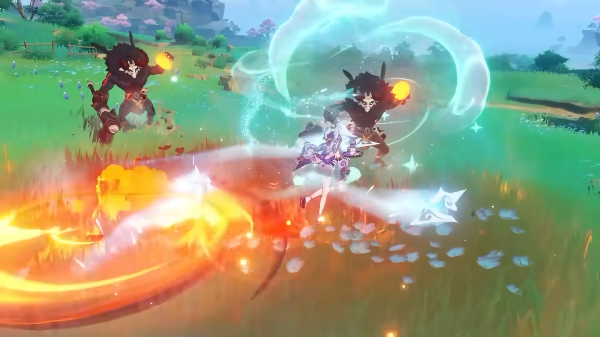 Mizuki from Genshin Impact fighting two Mitachurls