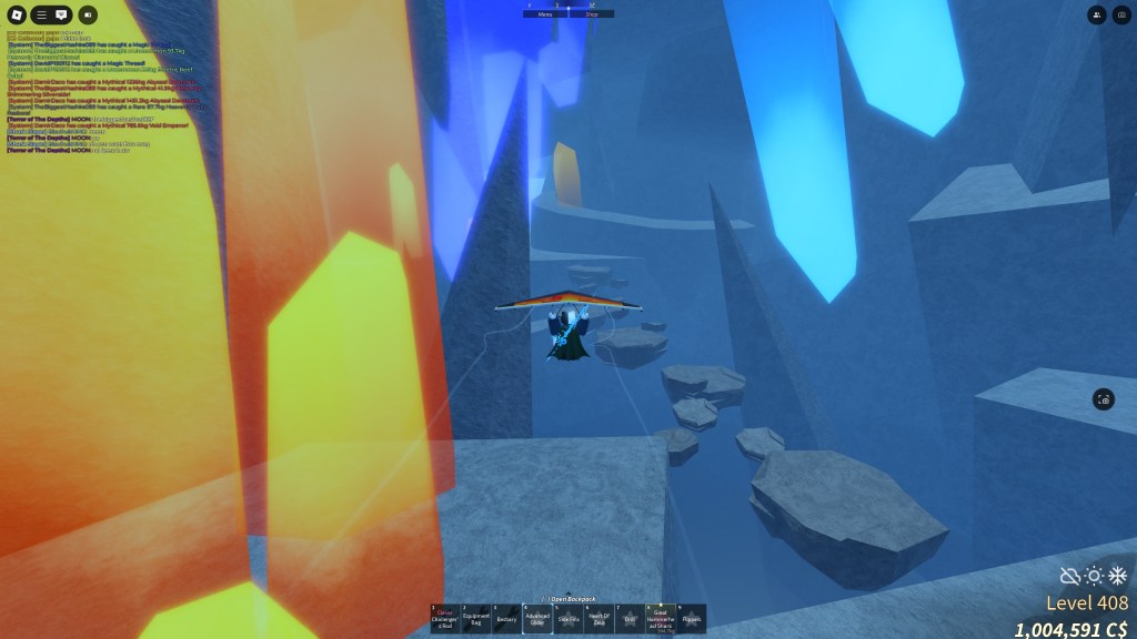 A Fisch player is gliding over the obby
