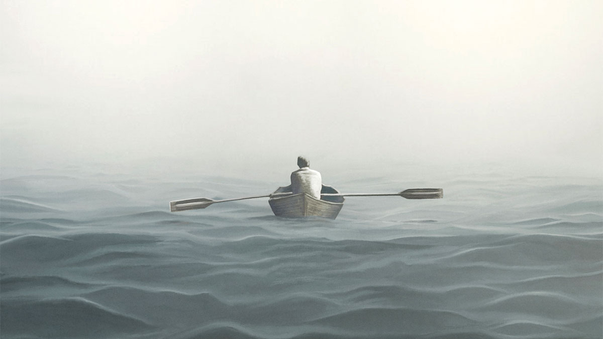 Illustration of man paddling on a canoe lost in the sea, abstract solitude concept