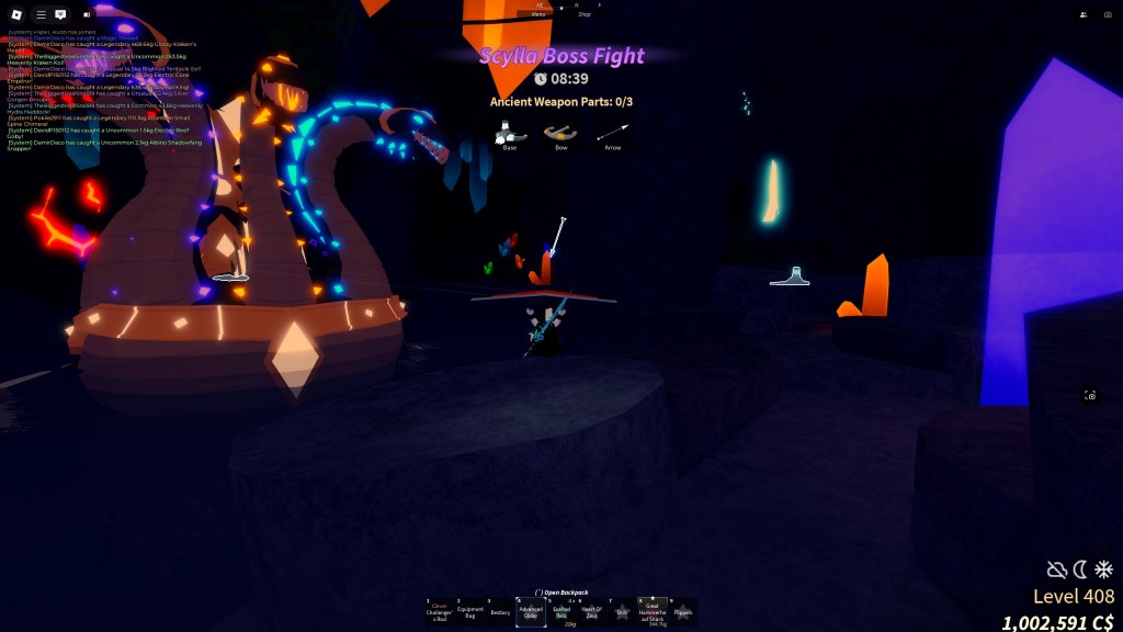 The player is gliding while fighting the Scylla Boss fight