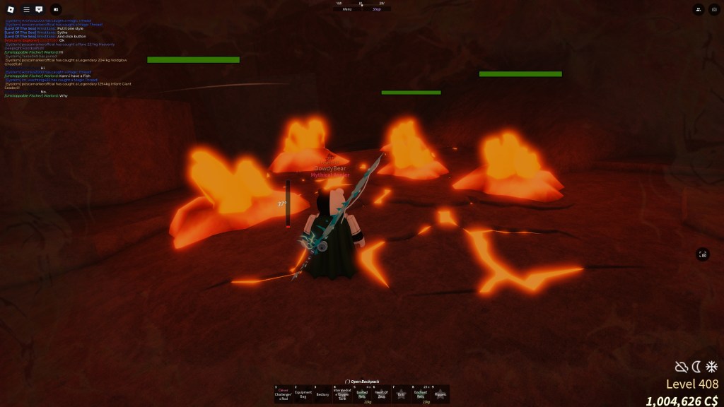 A Fisch player is standing in front of Lava Crystals