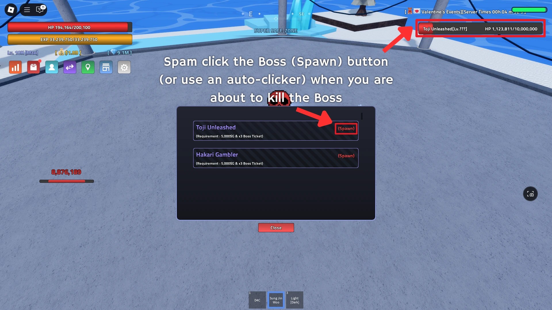 The second step to spawning multiple Bosses in Verse Piece is to, as you are about to defeat a Boss, spam-click the (Spawn) Boss button inside the previously opened Spawn Boss menu