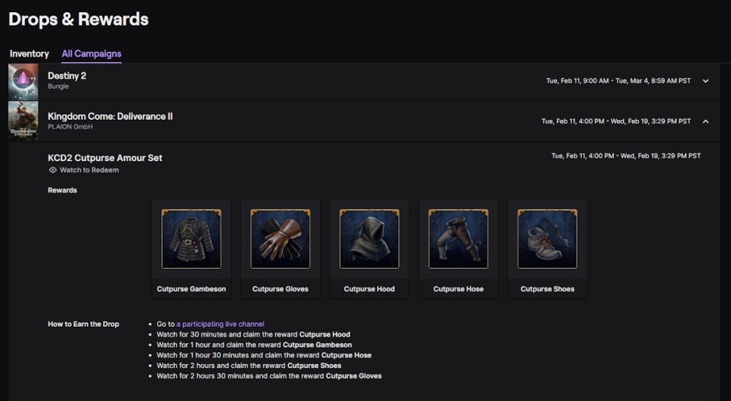 Kingdom Come Deliverance 2 - Twitch Drop rewards - campaigns page at Twitch
