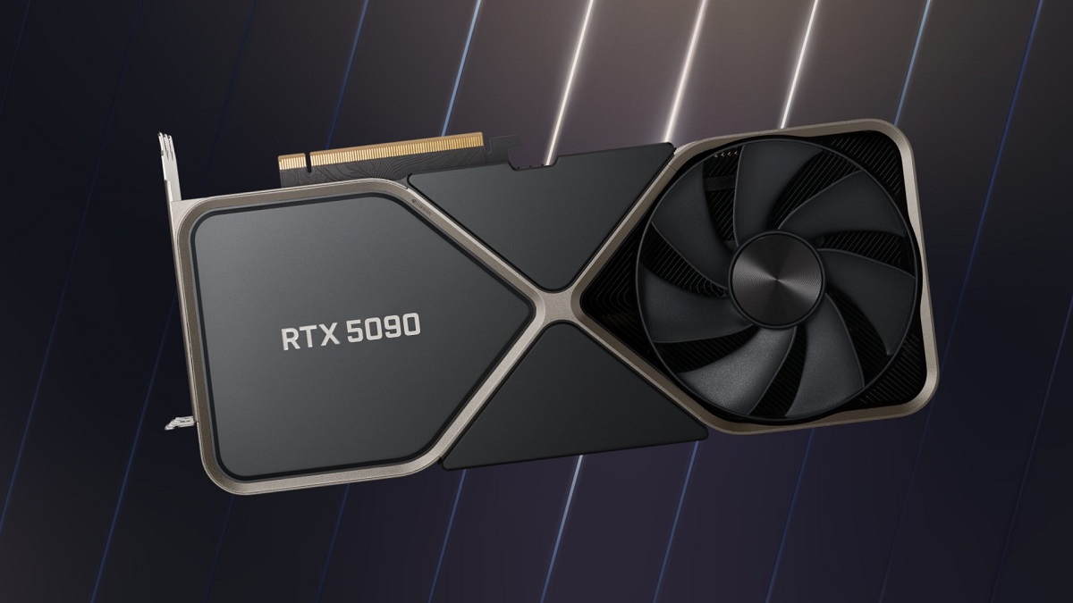 An Nvidia RTX 5090 graphics card on a dark, stripy background.