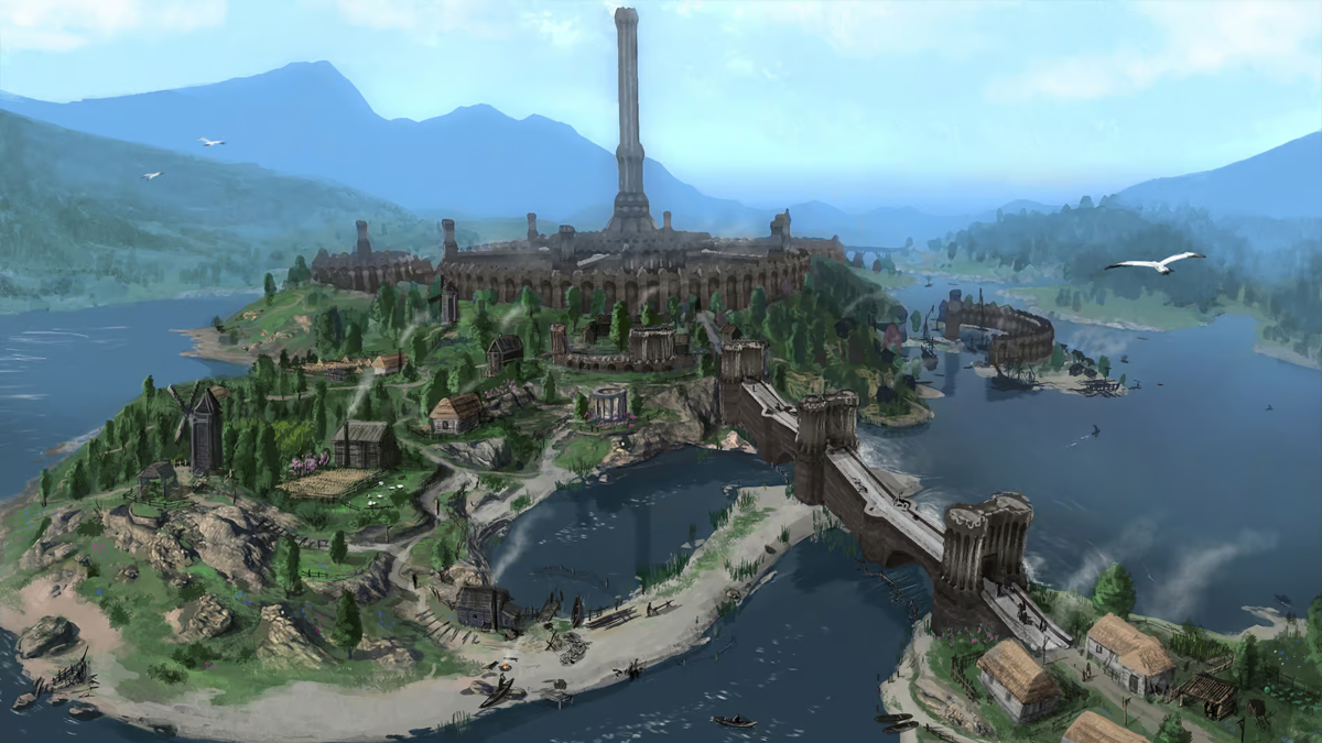 Skyblivion: a remake of Oblivion that shows the tall tower from the Imperial City.