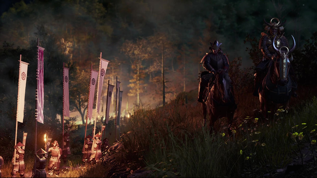 Oda Nobunaga and Yasuka on horses next to marching armies