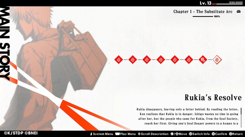 The Main Story screen in Bleach Rebirth of Souls. 