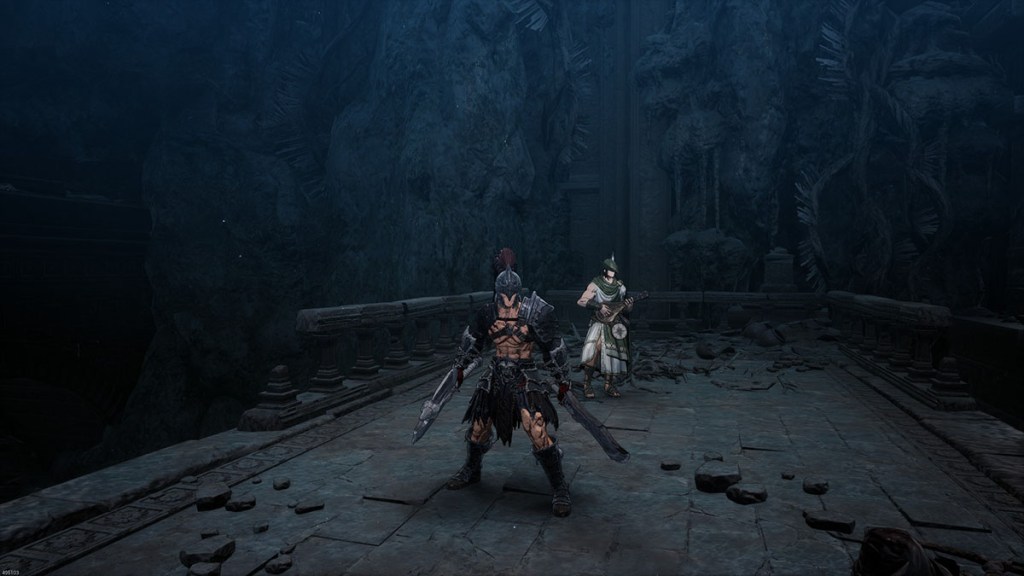 The Bard vendor standing with a lute in some ruins