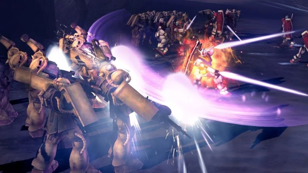 A gundam mech fighting waves of enemies in Dynasty Warriors Gundam Reborn