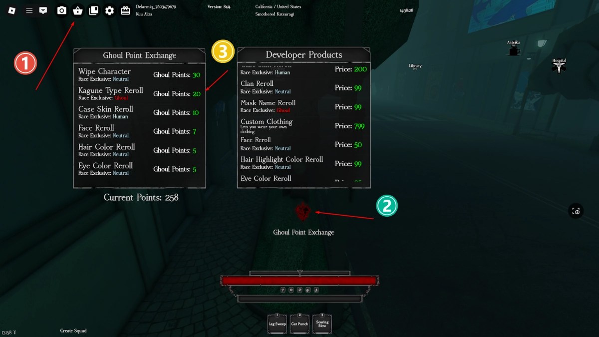 Player interacting with the Ghoul Point Exchange menu in Ghoul://Re