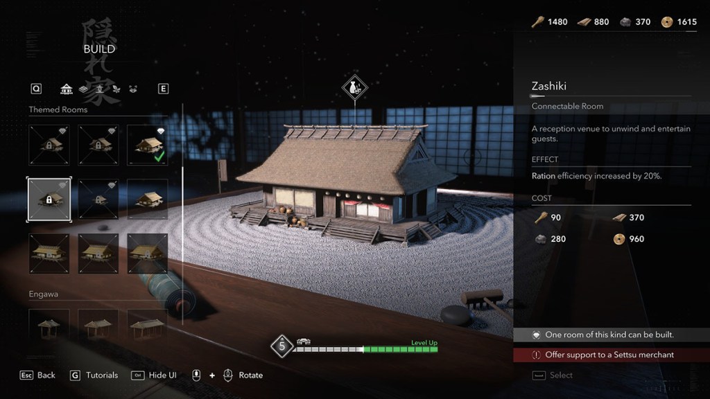 The Zashiki themed room Hideout build menu