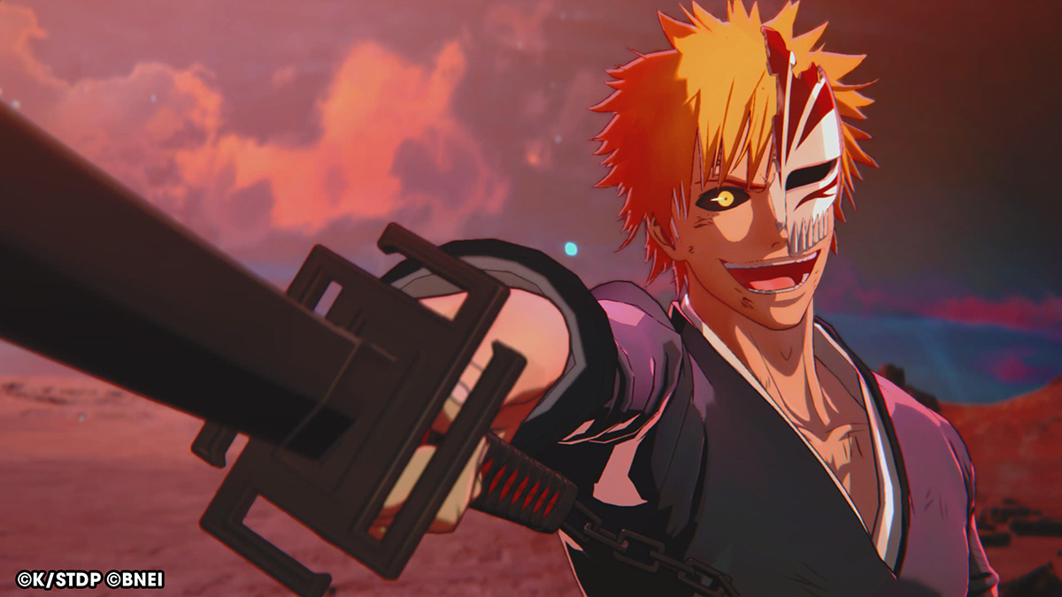 Half Hollow Mask Ichigo's winning pose in Bleach Rebirth of Souls.