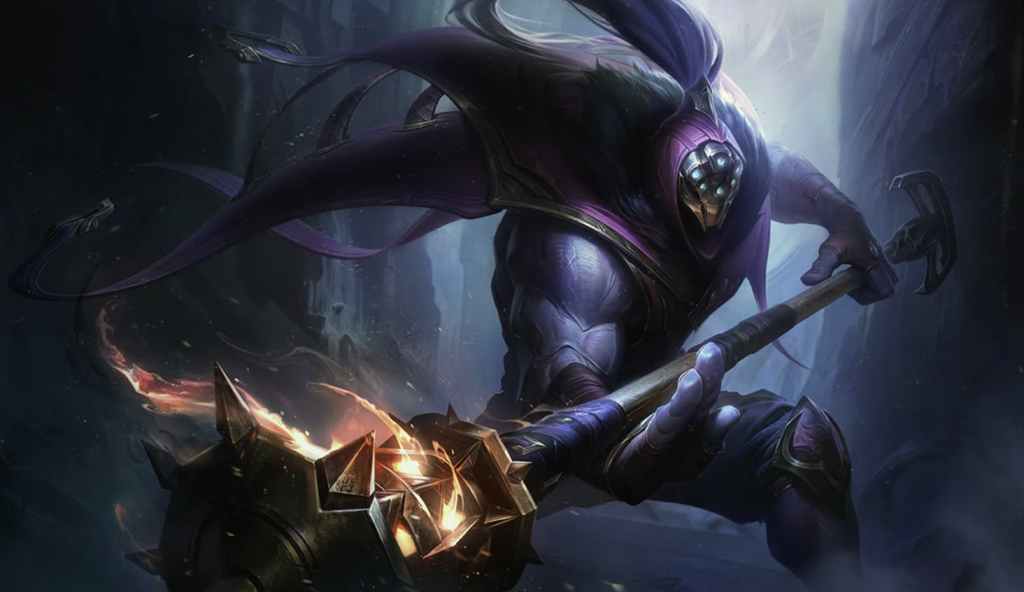 Jax, a purple man wearing a face covering with multiple circular lights where the eyes would be, in League of Legends.