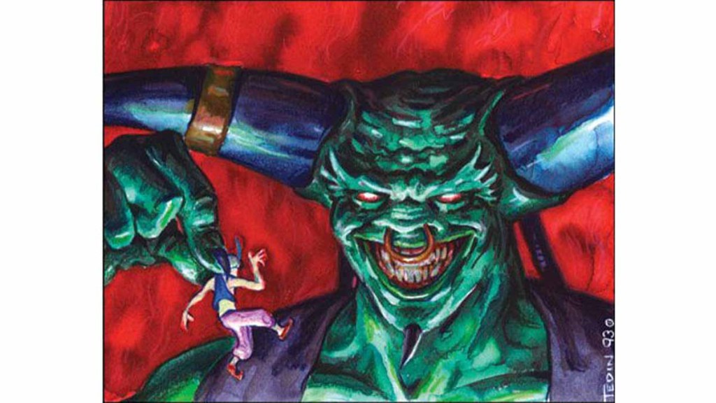 The artwork for Juzam Djinn shows an evil giant gin picking up a poor Aladdin-like human being.