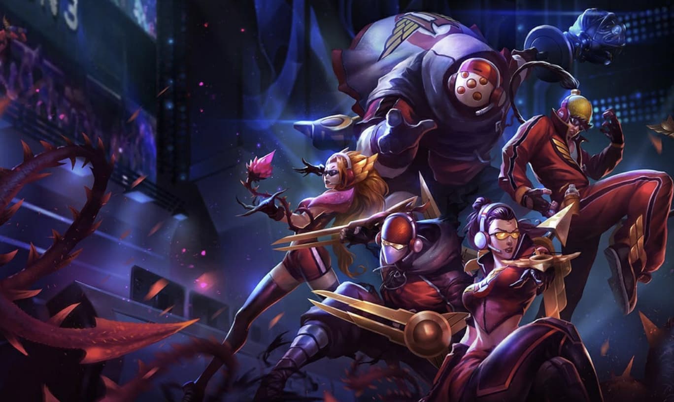 This splashart from League of Legends shows Jax, Lee Sin, Zyra, Vayne, and Zed wearing the red and white colors of T1 in these esports skins