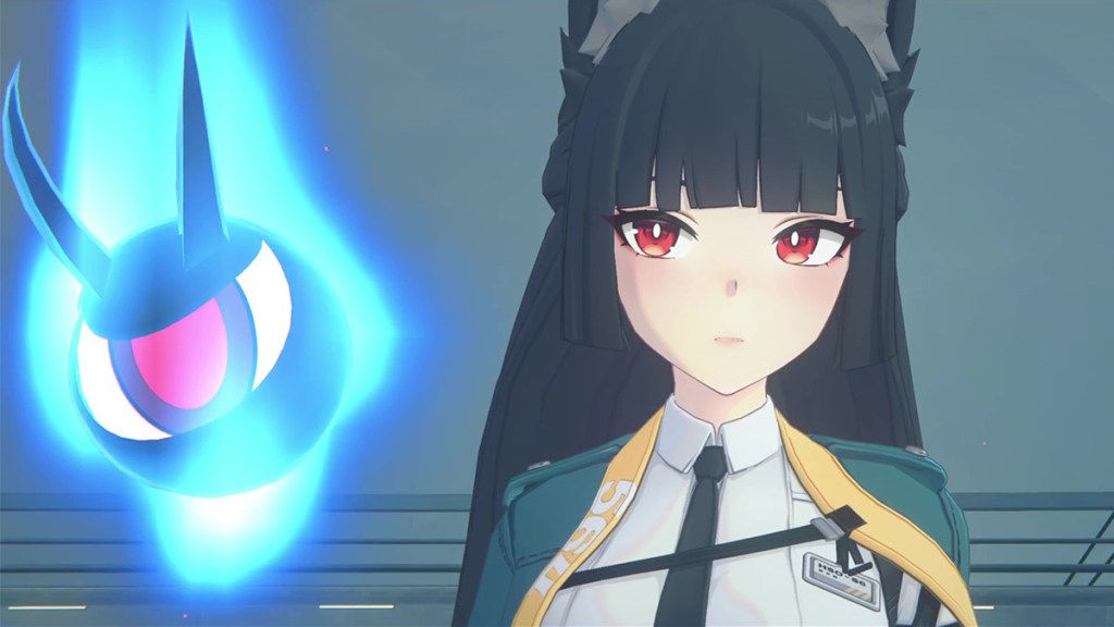 Miyabi and a round spirit wreathed in blue flames in Zenless Zone Zero