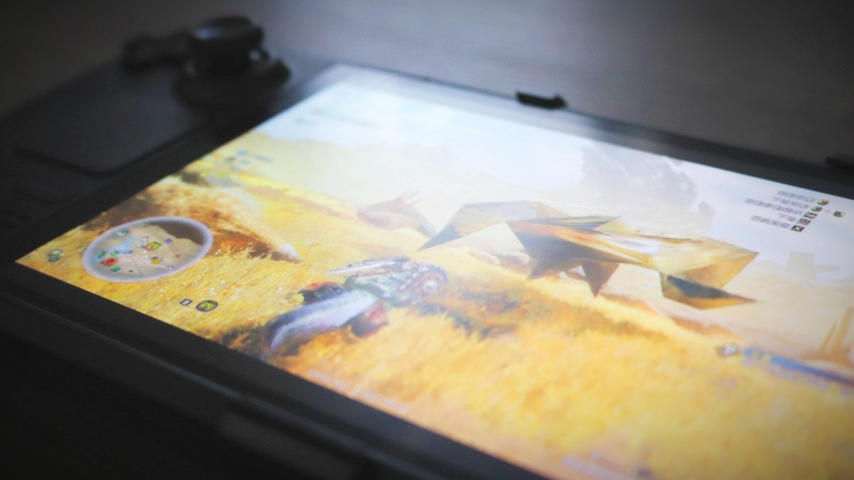 A picture of the Steam Deck with a screenshot of super-ultra-omega-low graphics settings for Monster Hunter Wilds.