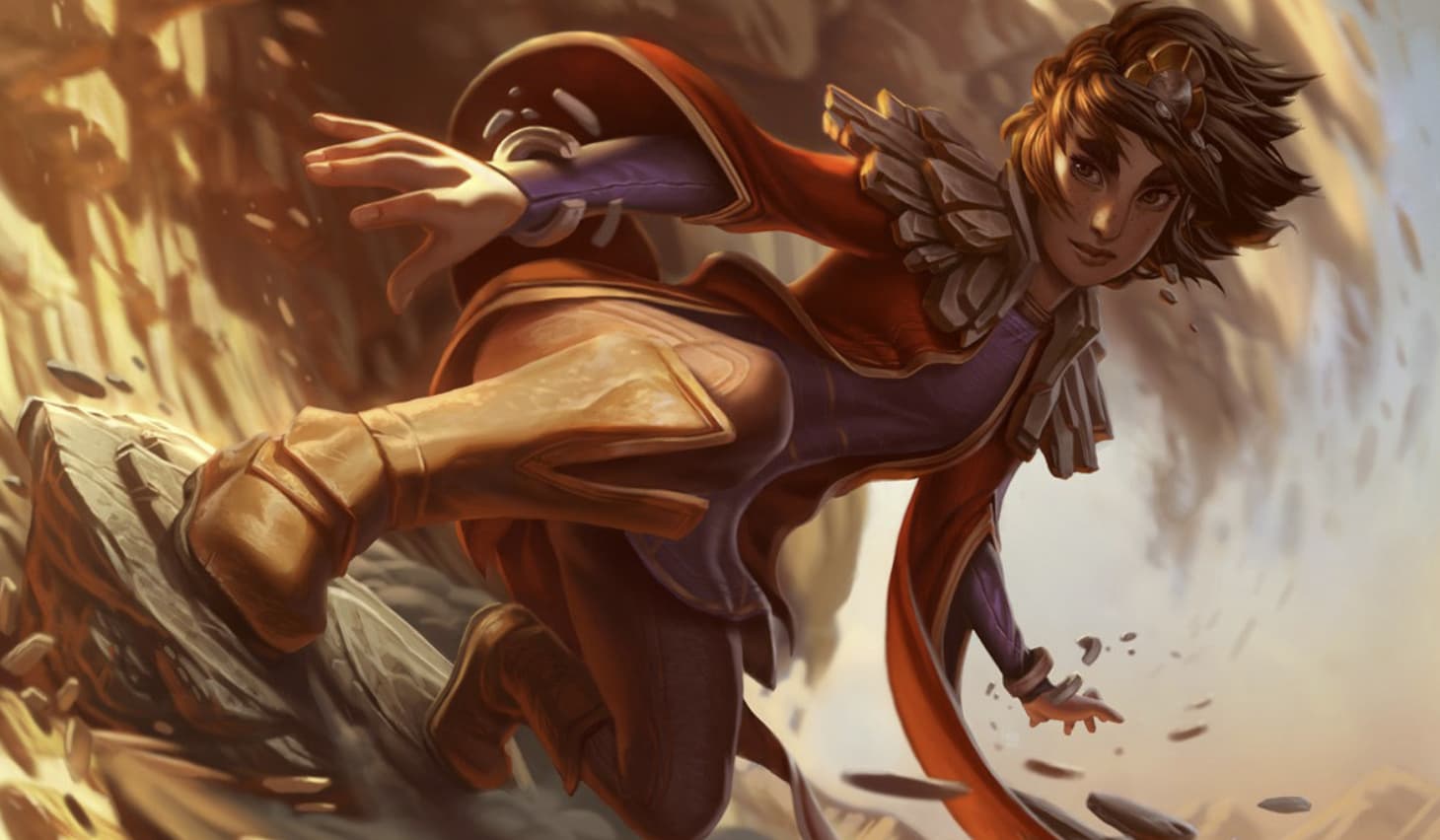 Taliyah, a woman surfing on a stone in the middle of a desert.