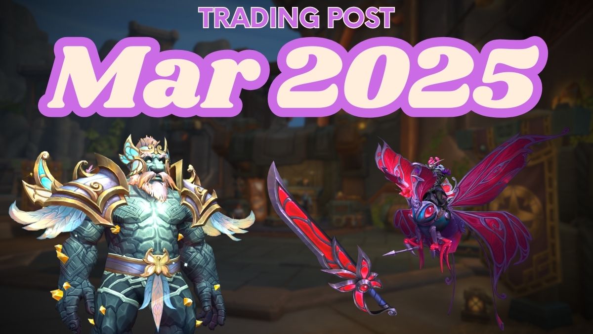 A look at some items in the March trading post. An earthen wears some butterfly themed shoulders and helmet, and some butterfly themed weapons and a mount