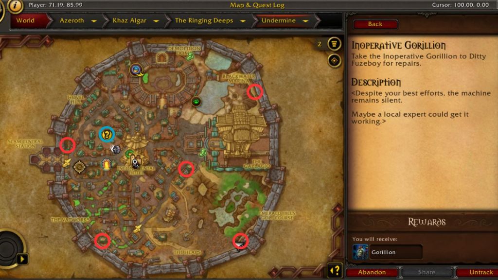 A map of Undermine showing the 5 locations with red circles where you find chests, and a blue circle where you turn the quest in