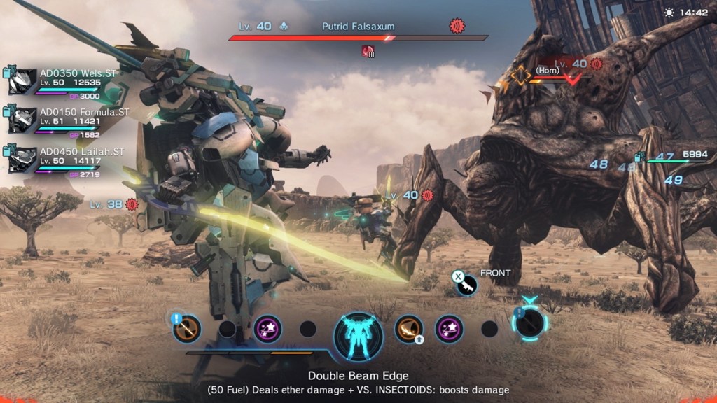 Xenoblade Chronicles X: Definitive Edition - Combat syystem UI shows a Skell in combat against a rocky turtle-like creature