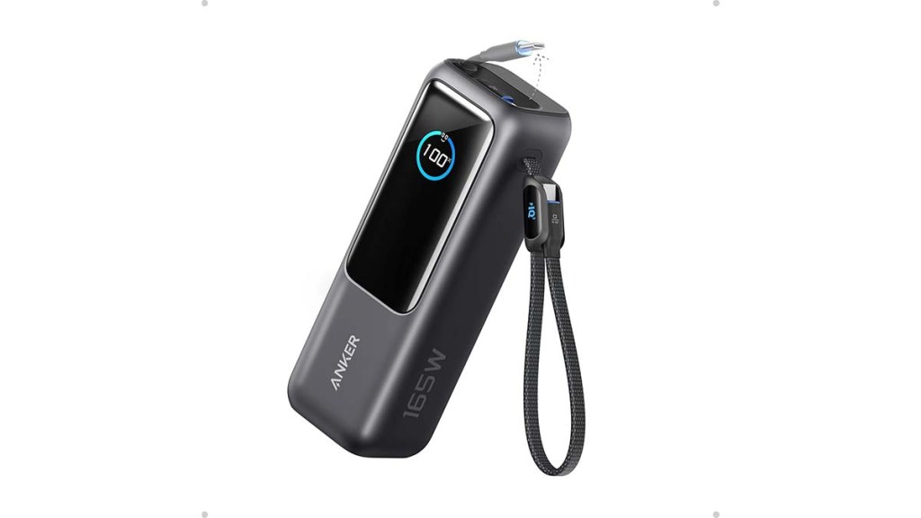 The Anker power bank, with its safety cord and USB-c cable