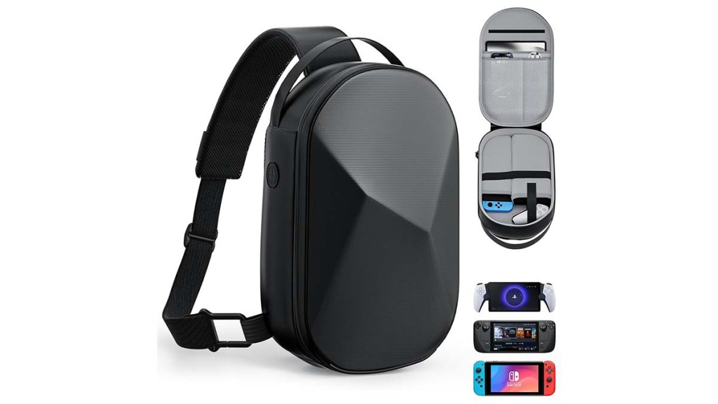The Annapro carrying case, showing its inside and how it can also fit the Nintendo Switch and the PlayStation Portal.