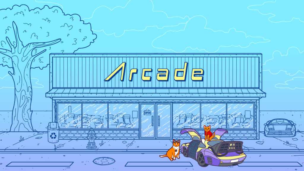 Cat versions of Doc Brown and Marty McFly next to a DeLorean-esque car outside the Arcade in Arcade Full of Cats