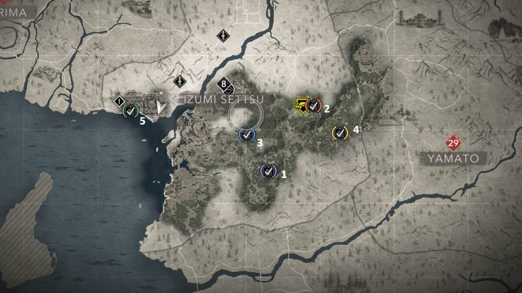 Assassin's Creed Shadows screenshot of the Kuji-kiri locations in Izumi Settsu.