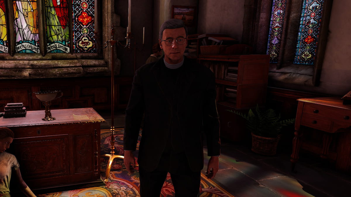 Atomfall Vicar McHenry in St Katherines Chruch during Maisie's case