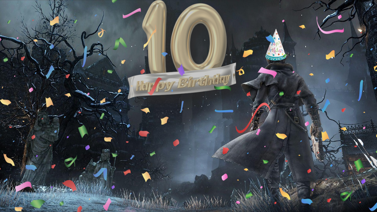 Bloodborne: the Hunter staring up at a baloon-like Happy 10th Birthday sign, surrounded by gothic architecture.