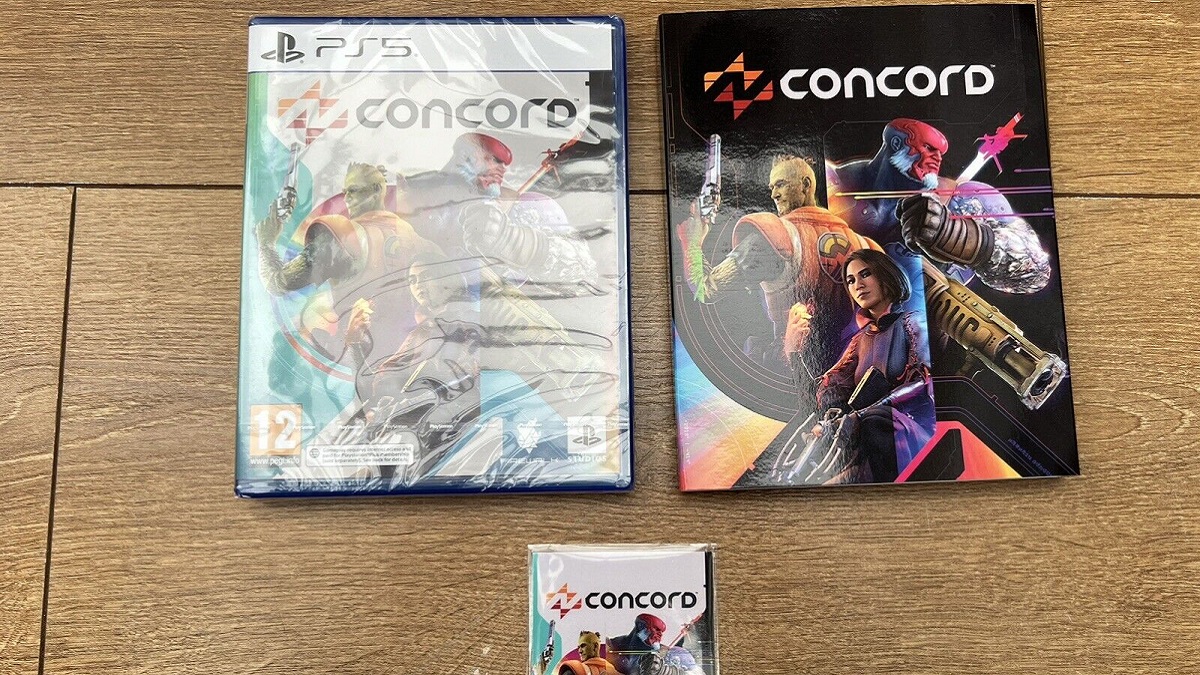A photo of the PS5 case for Concord, as well as a Concord trading card.