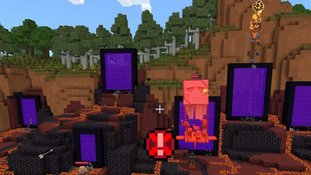 A Ghast being damaged while coming out of a purple Nether portal in A Minecraft Movie live event