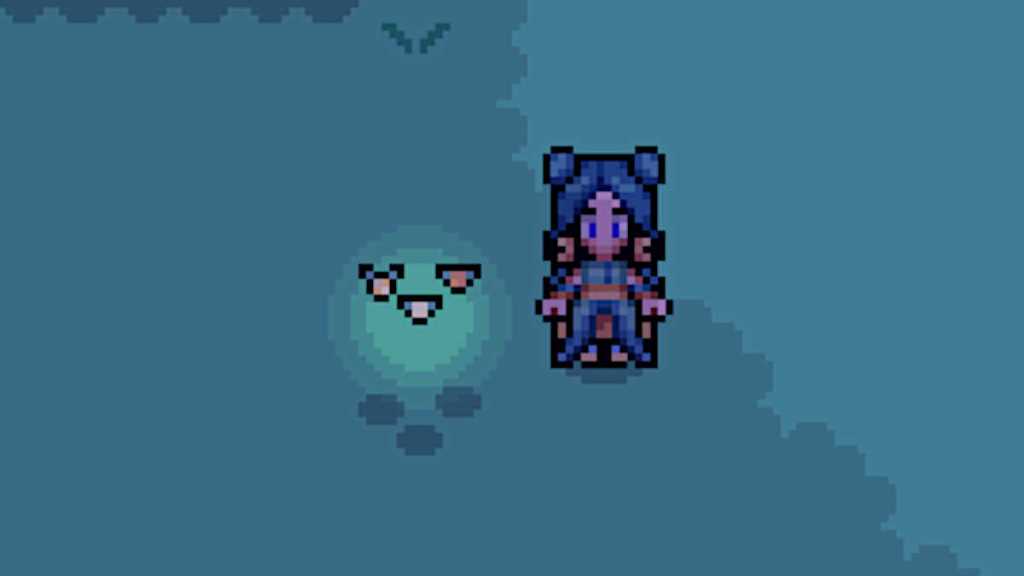 Character alongside Mote Firefly in the Deep Woods in Fields of Mistria