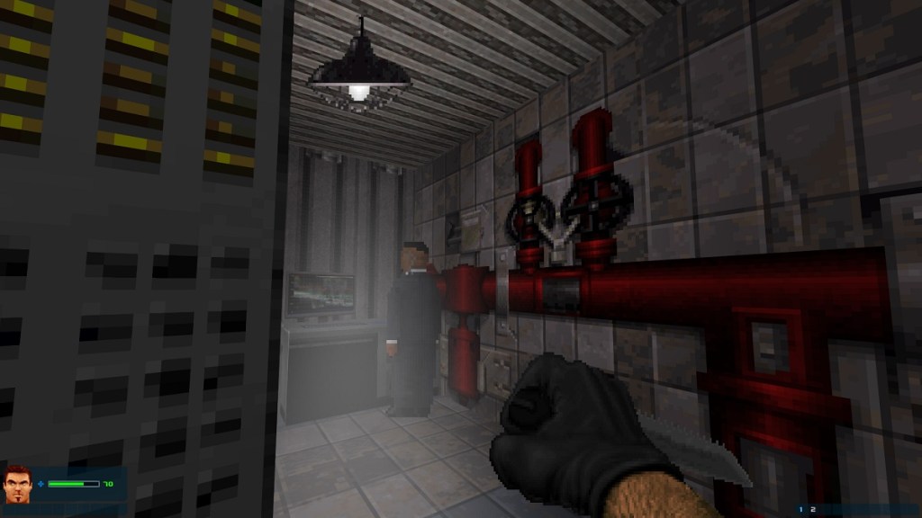Doom 2: the player peers around a dark corner, about to strike on an unsuspecting, how smartly dressed, guard.