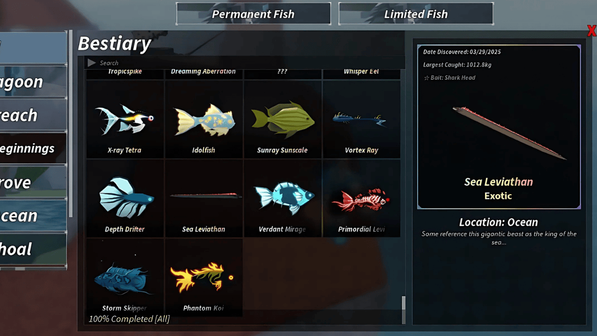 The Bestiary entry for the Sea Leviathan in Fisch