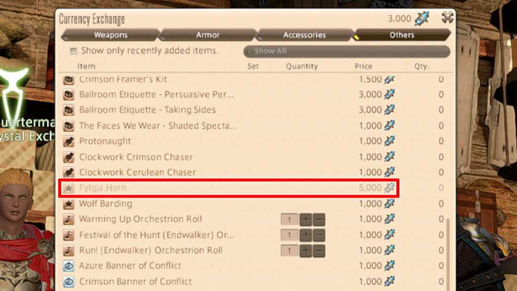 The Fylgja Horn, located in the Other section with the Trophy Quartermaster at Wolves' Den Pier in Final Fantasy XIV