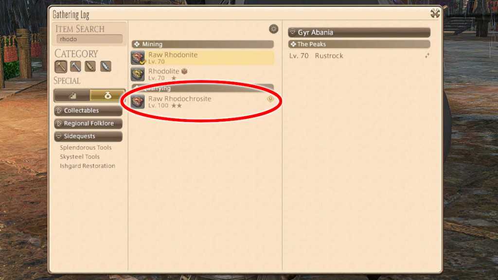 A screenshot from FFXIV showing the menu and where players need to go to find the gathering log