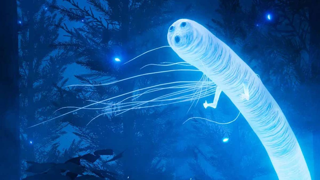 A glow worm from Elden Ring, just a very long glowy stick with a tiny face at the tip.