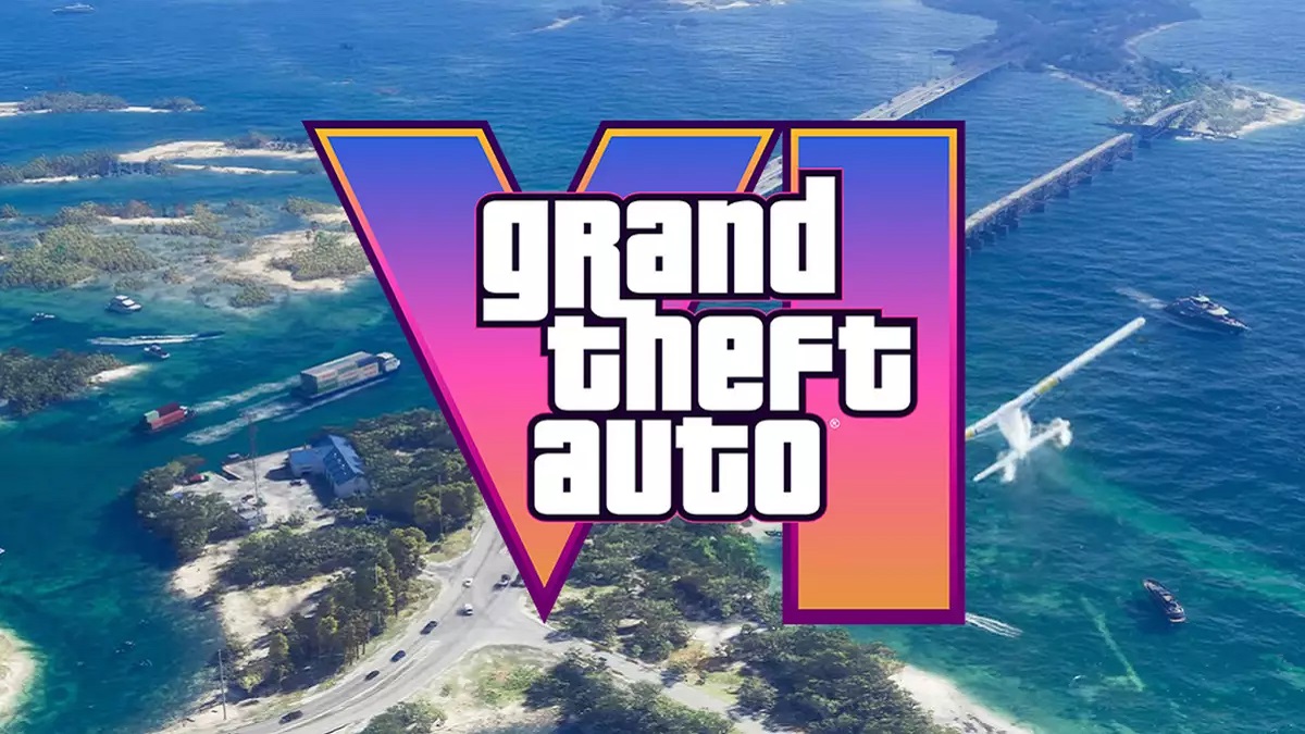 The GTA 6 logo with an aerial shot of a tropical resort behind it.