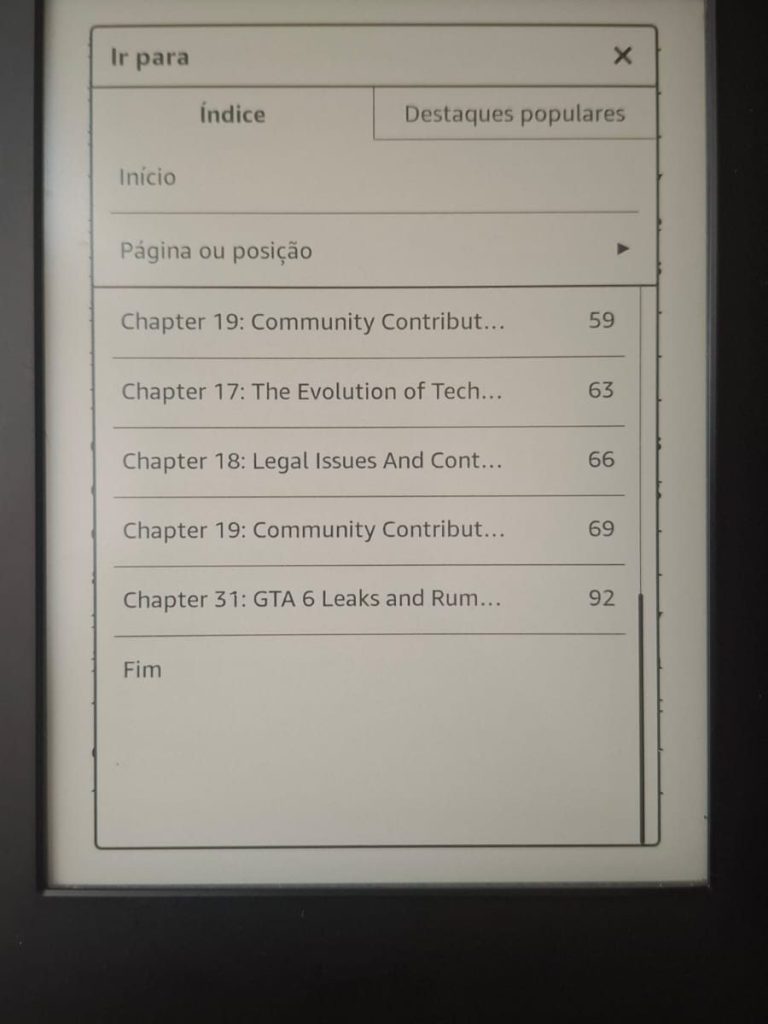 A Kindle Ebook reader with a fake GTA 6 chapter list.