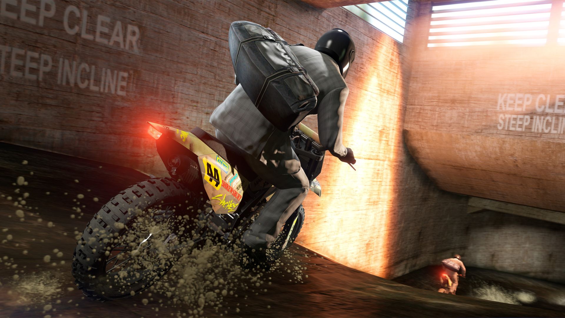 A GTA 5 character riding a dirt bike.